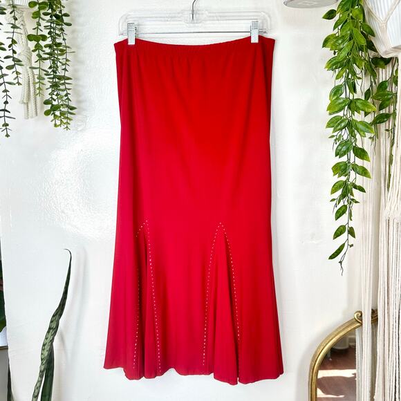 VTG 90s/Y2k Red Hot Chrome Rhinestone Studded Latin Mermaid Tango Midi Skirt 2XL - Picture 2 of 11